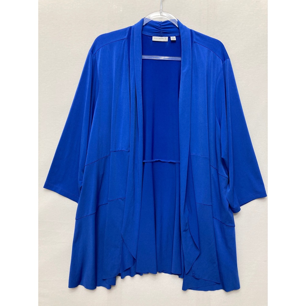 Susan Graver Cardigan 2X Blue Open Front Draped Liquid Knit Layering Preppy